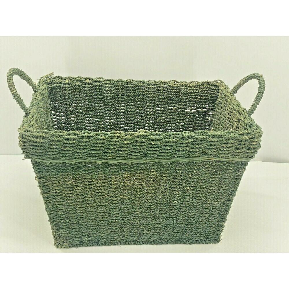 Vintage Jute Wicker Rattan Magazine Rack Handled Holder MCM Book Storage Basket